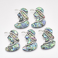 ARRICRAFT Abalone Shell/Paua Shell Broochs/Pendants, with Alloy Findings and Resin Bottom, Woman, Platinum, Colorful, 53x39x10.5mm, Hole: 6x5mm, Pin: 0.6mm