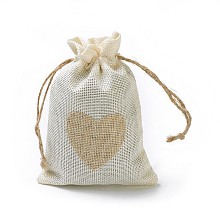 Honeyhandy Burlap Packing Pouches, Drawstring Bags, Rectangle with Heart, Antique White, 14.2~14.5x10cm