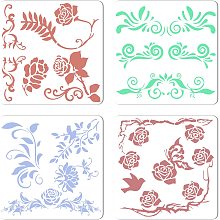 GORGECRAFT 4PCS Rose Stencil Flowers Vines Tile Stencils for Painting on Wood 12x12 Inch Plastic Reusable Floral Floor Decoration Template for Painting on Canvas Fabric Wall DIY Home Décor