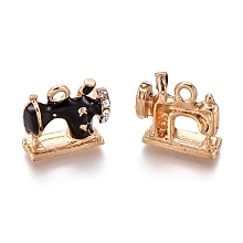 Honeyhandy Alloy Pendants, with Enamel and Crystal Rhinestone, Sewing Machine, Golden, Black, 13.5x16x6mm, Hole: 2mm