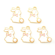 Honeyhandy Light Gold Plated Alloy Enamel Pendants, Rabbit with Pearl, Pink, 17x13x1.5mm, Hole: 1.8mm