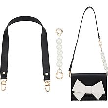 WADORN 2 Styles Purse Handle Strap, 23.6 Inch Short PU Leather Handbag Shoulder Strap 6.7 Inch Round Pearl Beaded Bag Strap Extenders Chain DIY Bag Chain Strap Conversion Kit for Wallet Clutch, Black