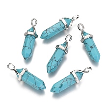 Honeyhandy Dyed Synthetic Turquoise Pointed Pendants, with Platinum Tone Random Alloy Pendant Hexagon Bead Cap Bails, Bullet, 36~40x12mm, Hole: 3x4mm, Gemstone: 8mm in diameter