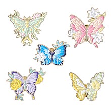 Arricraft 5Pcs 5 Style Butterfly with Flower Enamel Pins, Light Gold Alloy Brooches for Backpacks Clothes Hats, Mixed Color, 21.5~30x29.5~30mm, 1Pc/style