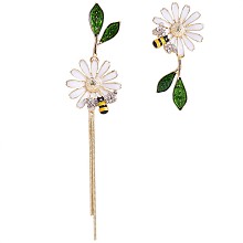 Arricraft Daisy & Bee Enamel Asymmetric Earrings, Golden Alloy Long Tassel Dangle Stud Earrings for Women, Green, 91x20mm, 42x20mm, Pin: 0.7mm