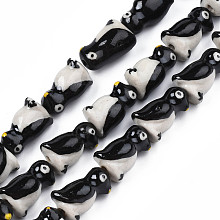 Honeyhandy Handmade Porcelain Ceramic Beads Strands, Famille Rose Style, Penguin, Black, 16~18x9~11x10~11mm, Hole: 1.4mm, about 18pcs/strand, 12.2 inches(31cm)