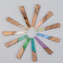 Honeyhandy Resin & Walnut Wood Pendants, Trapezoid, Mixed Style, Mixed Color, 44.5x8x3mm, Hole: 2mm