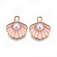 Honeyhandy Zinc Alloy Enamel Pendants, with ABS Plastic Imitation Pearl, Shell, Light Gold, Pink, 15.5x14.5x6mm, Hole: 2mm