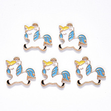 Honeyhandy Alloy Enamel Pendants, Unicorn, Light Gold, Deep Sky Blue, 18x18x1.5mm, Hole: 2mm