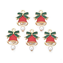 Honeyhandy Rack Plating Alloy Enamel Pendants, with ABS Plastic Imitation Pearl, Cadmium Free & Nickel Free & Lead Free, Light Gold, Christmas Bell, Red, 22mm, Hole: 1.8mm