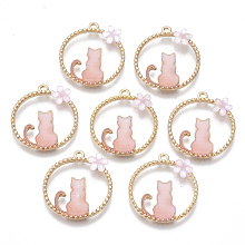 Honeyhandy Alloy Pendants, with Enamel and Resin, Round Ring with Cat Shape and Ring, Golden, Pink, 24.5x22x3mm, Hole: 1.5mm