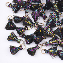 Honeyhandy Polyeter Tassel Pendants, with Metallic Cord and Iron Jump Rings, Golden, Black, 10~15x5~8mm, Hole: 3.5mm