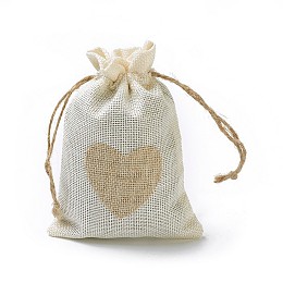 Honeyhandy Burlap Packing Pouches, Drawstring Bags, Rectangle with Heart, Antique White, 14.2~14.5x10cm