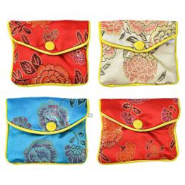 Honeyhandy Rectangle Floral Embroidery Cloth Zipper Pouches, Jewelry Storage Bags, Mixed Color, 7x8cm