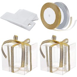 BENECREAT 30Pcs 3.5x3.5x3.5" Clear Plastic Favor Box with 2 Rolls 10mm Wide Gold and Silver Glitter Ribbons for Wedding Party Birthday Candy Chocolate Presents