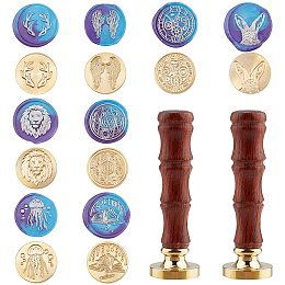 CRASPIRE Wax Seal Stamp Heads Set 8PCS Vintage Sealing Wax Stamps with 2PCS Bamboo Wood Handles 25mm Round Removable for Wedding Invitation(Antler Lion Clock Book Rabbit Wing Jellyfish Astrolabe)