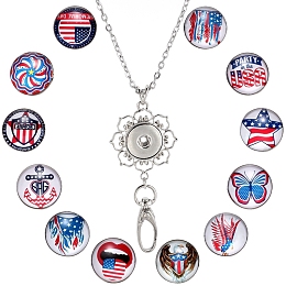 SUNNYCLUE DIY Flat Round Lanyard Necklace Making Kit, Include Glass Buttons, Zinc Alloy Keychain, 304 Stainless Steel Chains Necklaces, Flag Pattern, 14pcs/box