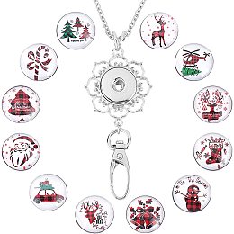 SUNNYCLUE 1 Box 12 Styles Christmas Badge Lanyard ID Badge Holder Office Badge Holder Chain with 12pcs Alloy Breakaway Snap Buttons Charms Jewelry Pendant Clip Plastic Box 30 inches Long