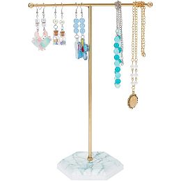 Golden Tone T Bar Iron Jewelry Stand Display Jewelry Organizer Stand with White Marble Stone Base Jewelry Tree Stand for Earring Ring Necklace Bracelet Storage 3.58 x 4.13 x 10.15 Inches