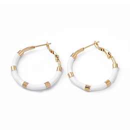 Honeyhandy Vacuum Plating 201 Stainless Steel Hoop Earrings for Women, Enamel Ring Earring with 304 Stainless Steel Pin, Golden, White, 33~34x30~31x3mm, Pin: 0.8mm