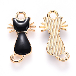 Honeyhandy Alloy Enamel Pendants, Cat Shape, Light Gold, Black, 22x12x2~3mm, Hole: 2mm