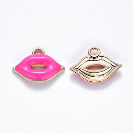 Honeyhandy Alloy Enamel Pendants, Makeup Pendants, Lip Shape, Light Gold, Deep Pink, 13x18x3mm, Hole: 2mm