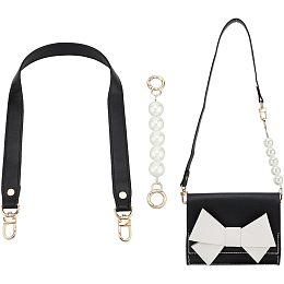 WADORN 2 Styles Purse Handle Strap, 23.6 Inch Short PU Leather Handbag Shoulder Strap 6.7 Inch Round Pearl Beaded Bag Strap Extenders Chain DIY Bag Chain Strap Conversion Kit for Wallet Clutch, Black