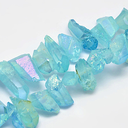 Honeyhandy Electroplated Natural Quartz Crystal Beads Strands, Nuggets, Tusk Shape, AB Color, Dyed, Pale Turquoise, 7~15x18~60mm, Hole: 1mm, about 46pcs/strand, 16 inch