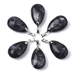 Honeyhandy Natural Larvikite Pendants, with Stainless Steel Pinch Bails, Teardrop, Stainless Steel Color, 24x15x9~10mm, Hole: 5x4mm