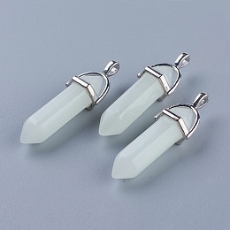 Honeyhandy Synthetic Luminous Stone Double Terminated Pointed Pendants, Glow in the Dark, with Platinum Plated Alloy Findings, Bullet, Cyan, 40x13x10.5mm, Hole: 2x4mm