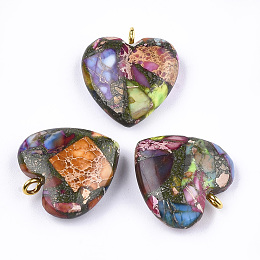 Honeyhandy Synthetic Gold Line Regalite/Imperial Jasper/Sea Sediment Jasper Pendants, with Iron Findings, Heart, Golden, Colorful, 22x20.5x7mm, Hole: 2mm