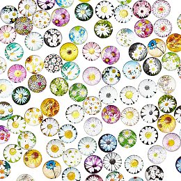 Pandahall Elite 100pcs Cabochons Round Mosaic Tiles Daisy Patern Half Round Mosaic Printed Glass Dome Cabochons for Photo Pendant Jewelry Making, 12mm