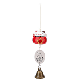 OLYCRAFT Porcelain Maneki Neko Wind Chimes, Alloy Bell Hanging Ornament for Landscape Outdoor Balcony Decoration, with Wood Lucky Card, Red, 265mm, Cat: 45x51mm