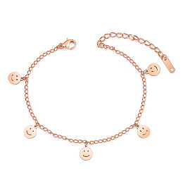 Arricraft Titanium Steel Charm Anklets, with Curb Chains and Lobster Claw Clasps, Smiling face, Rose Gold, 39271 inch(20cm)