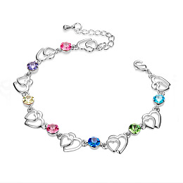 SHEGRACE Fashion Platinum Plated Brass Bracelet, Hearts with Multicolor Austrian Crystal, 160x10mm