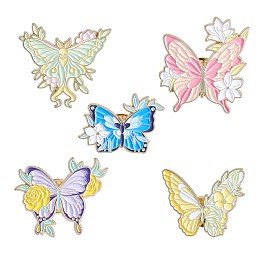 Arricraft 5Pcs 5 Style Butterfly with Flower Enamel Pins, Light Gold Alloy Brooches for Backpacks Clothes Hats, Mixed Color, 21.5~30x29.5~30mm, 1Pc/style