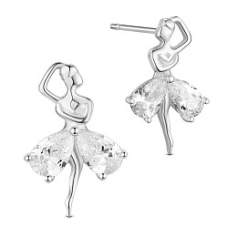 SHEGRACE 925 Sterling Silver Ear Studs, with Latin Dance Girl and AAA Cubic Zirconia Dress, Platinum, 17x11mm