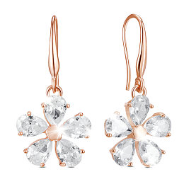 SHEGRACE Brass Dangle Earrings, with Grade AAA Cubic Zirconia, Flower, Rose Gold, 34mm