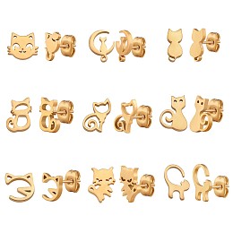 9 Pairs 9 Style 316 Surgical Stainless Steel Cute Kitty Stud Earrings for Women, Golden, 7~13x4~12mm, Pin: 1mm, 1 Pair/style