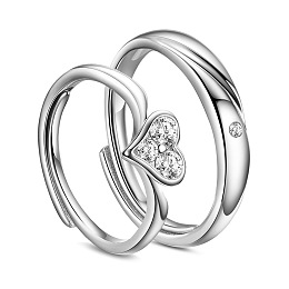 SHEGRACE Awesome 925 Sterling Silver Couple Rings, with AAA Cubic Zirconias and Heart, Platinum, 16mm&18mm, 2pcs/set