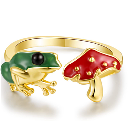 Honeyhandy Frog & Mushroom Alloy Open Cuff Ring for Women, Golden, US Size 5 3/4(16.3mm)