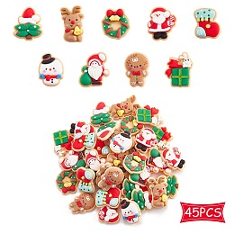 Honeyhandy 45Pcs 9 Styles Christmas Theme Opaque Resin Cabochons, Snowman & Reindeer & Santa Claus & Christmas Tree & Wreath & Stocking & Gingerbread Man, Mixed Shapes, Mixed Color, 23~27x18~24mm, about 5pcs/style