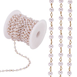 Honeyhandy Plastic Imitation Pearl Beaded Chain, with Gold Plated Brass Cable Chains, Soldered, with Spool, for Jewelry Making, WhiteSmoke, 4mm, about 32.81 Feet(10m)/Roll