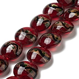 Handmade Gold Sand Lampwork Beads Strands, Flat Round, Dark Red, 21x11mm, Hole: 1.2mm, about 18pcs/strand, 13.98 inch(35.5cm)