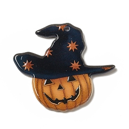 Honeyhandy Halloween Printed Acrylic Pendants, Pumpkin Jack-O'-Lantern with Hat Charm, Pumpkin Pattern, 33x36.5x2.5mm, Hole: 2mm