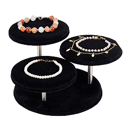 FINGERINSPIRE 3-Tier Wood Covered Velvet Jewelry Display Risers, with 3 Round Platforms, Jewelry Organizer Holder for Rings Earrings Bracelets Disppay, Black, 18x19x9.8cm