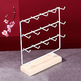 Honeyhandy 3-Tier 15-Hook Iron Jewelry Display Stands with Wooden Base, Jewelry Organizer Holder for Earring Display Cards, Hair Ties, Bracelets Storage, Rectangle, White, 24x7x27cm