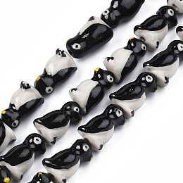 Honeyhandy Handmade Porcelain Ceramic Beads Strands, Famille Rose Style, Penguin, Black, 16~18x9~11x10~11mm, Hole: 1.4mm, about 18pcs/strand, 12.2 inches(31cm)