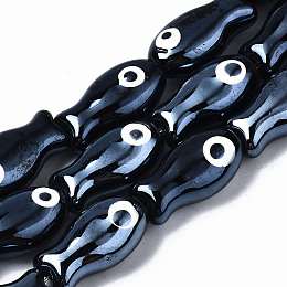 Honeyhandy Handmade Porcelain Ceramic Beads Strands, Bright Glazed Porcelain, Fish, Black, 19x10x8mm, Hole: 1.5mm, about 17pcs/strand, 12.40 inch(31.5cm)