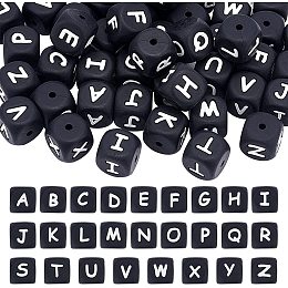 Arricraft 52 Pcs Black Silicone Bead, 12mm Cube Beads with Letter, Alphabet Teething Beads for Nursing Necklace Accessories Jewelry Making